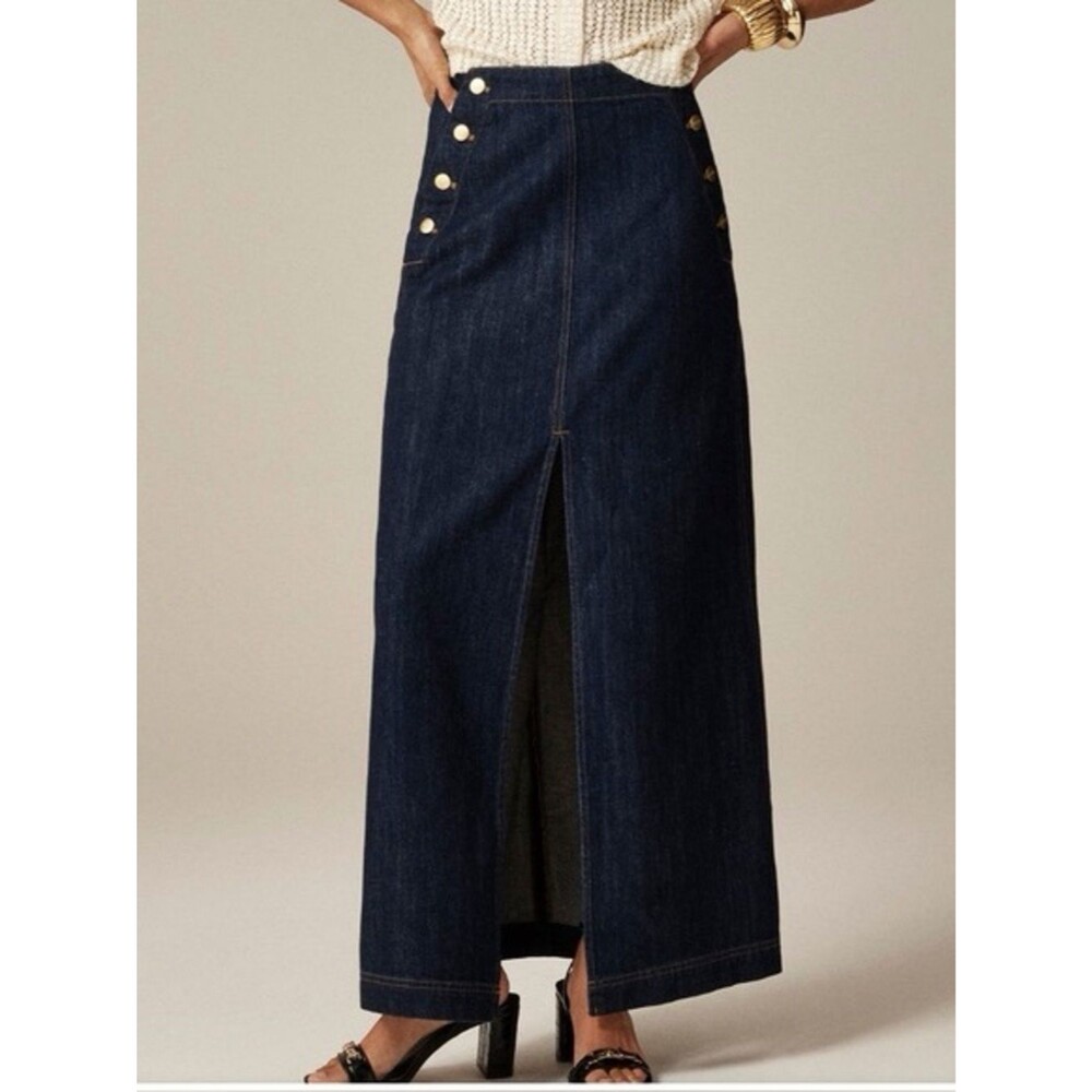 J. Crew Sailor Nautical Gold Button Slit Blue Denim Midi Skirt Women’s Size 28